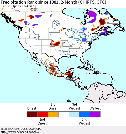 North America Precipitation Rank since 1981, 2-Month (CHIRPS) Thematic Map For 2/26/2024 - 4/25/2024