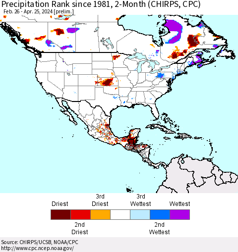 North America Precipitation Rank since 1981, 2-Month (CHIRPS) Thematic Map For 2/26/2024 - 4/25/2024