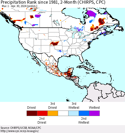 North America Precipitation Rank since 1981, 2-Month (CHIRPS) Thematic Map For 3/1/2024 - 4/30/2024