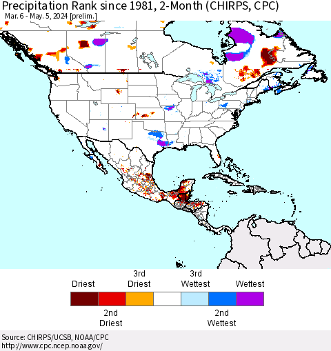 North America Precipitation Rank since 1981, 2-Month (CHIRPS) Thematic Map For 3/6/2024 - 5/5/2024