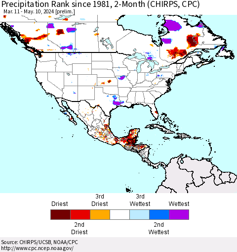 North America Precipitation Rank since 1981, 2-Month (CHIRPS) Thematic Map For 3/11/2024 - 5/10/2024