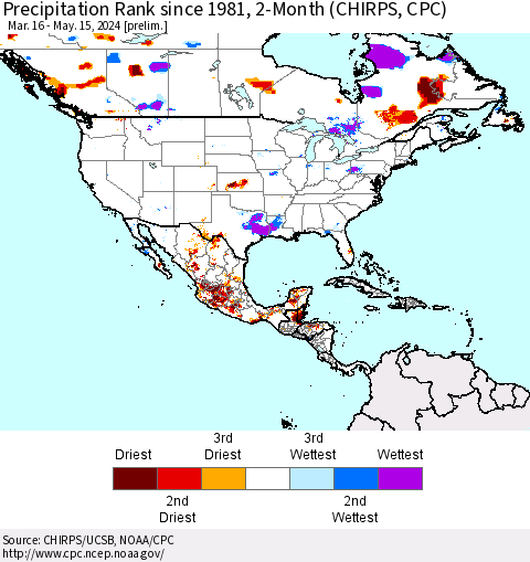 North America Precipitation Rank since 1981, 2-Month (CHIRPS) Thematic Map For 3/16/2024 - 5/15/2024