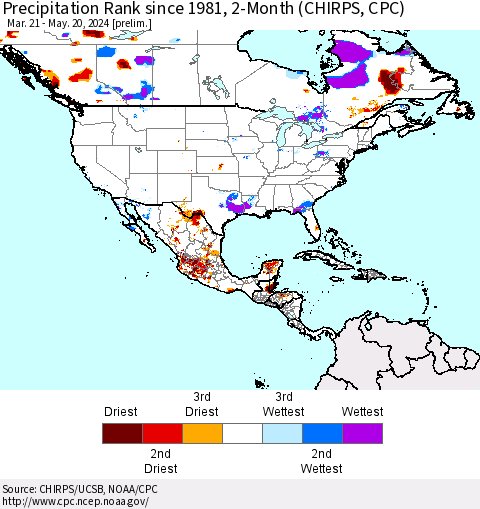 North America Precipitation Rank since 1981, 2-Month (CHIRPS) Thematic Map For 3/21/2024 - 5/20/2024