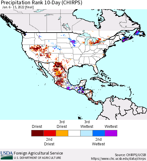 North America Precipitation Rank since 1981, 10-Day (CHIRPS) Thematic Map For 1/6/2022 - 1/15/2022