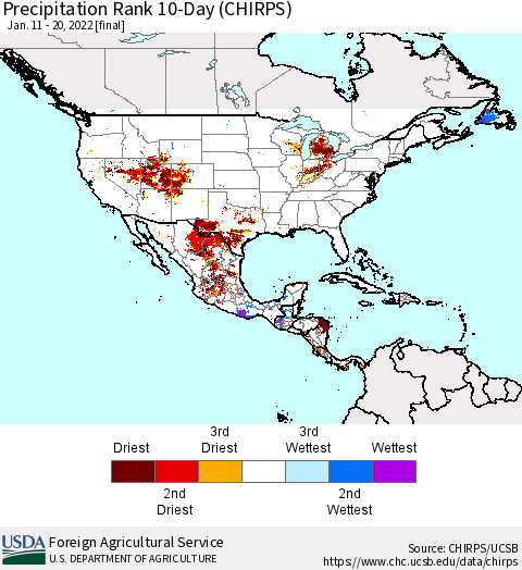 North America Precipitation Rank since 1981, 10-Day (CHIRPS) Thematic Map For 1/11/2022 - 1/20/2022