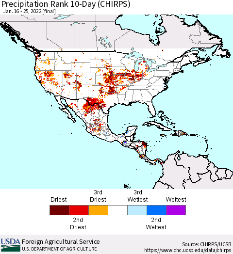 North America Precipitation Rank since 1981, 10-Day (CHIRPS) Thematic Map For 1/16/2022 - 1/25/2022