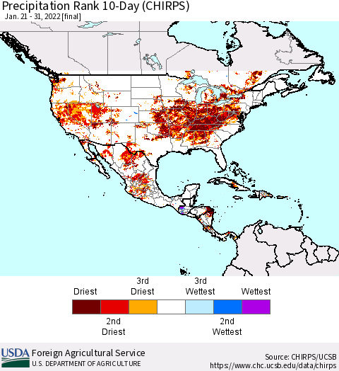 North America Precipitation Rank since 1981, 10-Day (CHIRPS) Thematic Map For 1/21/2022 - 1/31/2022