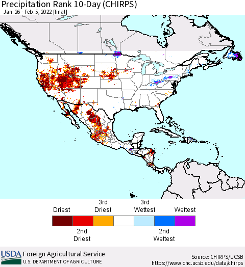 North America Precipitation Rank since 1981, 10-Day (CHIRPS) Thematic Map For 1/26/2022 - 2/5/2022