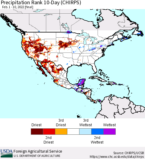 North America Precipitation Rank since 1981, 10-Day (CHIRPS) Thematic Map For 2/1/2022 - 2/10/2022