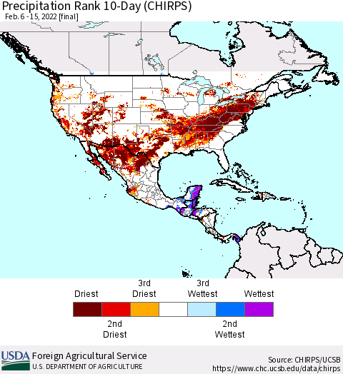 North America Precipitation Rank since 1981, 10-Day (CHIRPS) Thematic Map For 2/6/2022 - 2/15/2022