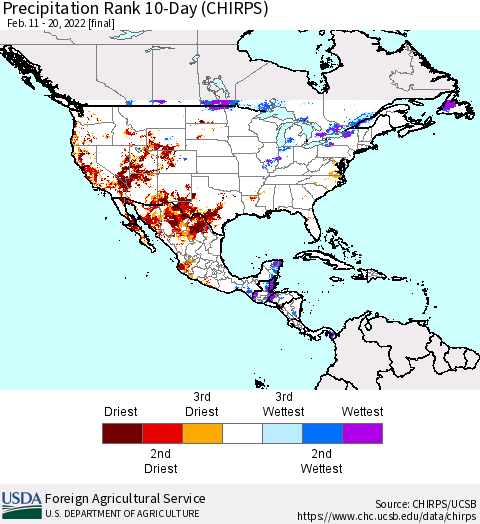 North America Precipitation Rank since 1981, 10-Day (CHIRPS) Thematic Map For 2/11/2022 - 2/20/2022
