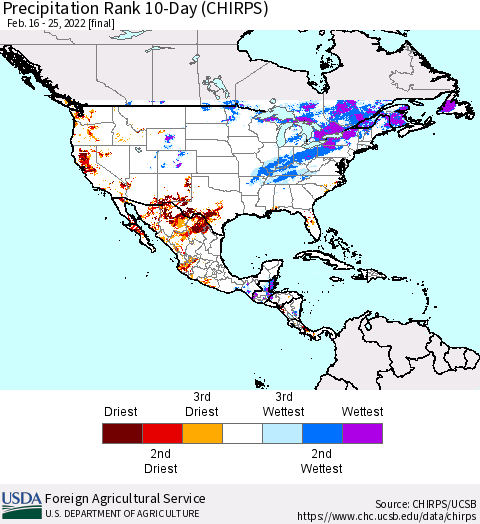 North America Precipitation Rank since 1981, 10-Day (CHIRPS) Thematic Map For 2/16/2022 - 2/25/2022