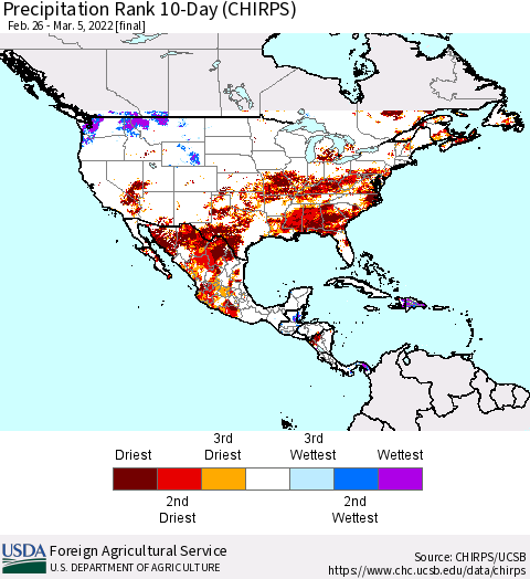 North America Precipitation Rank since 1981, 10-Day (CHIRPS) Thematic Map For 2/26/2022 - 3/5/2022