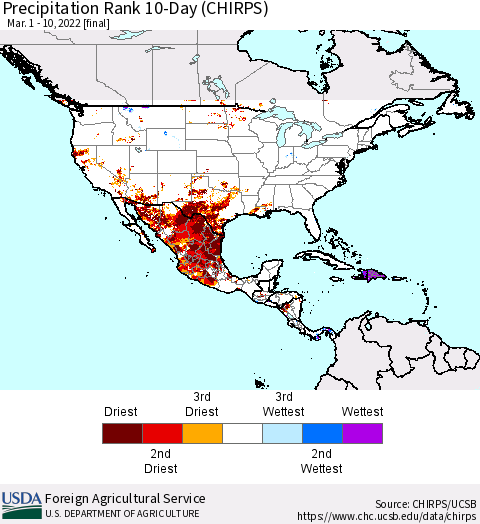 North America Precipitation Rank since 1981, 10-Day (CHIRPS) Thematic Map For 3/1/2022 - 3/10/2022