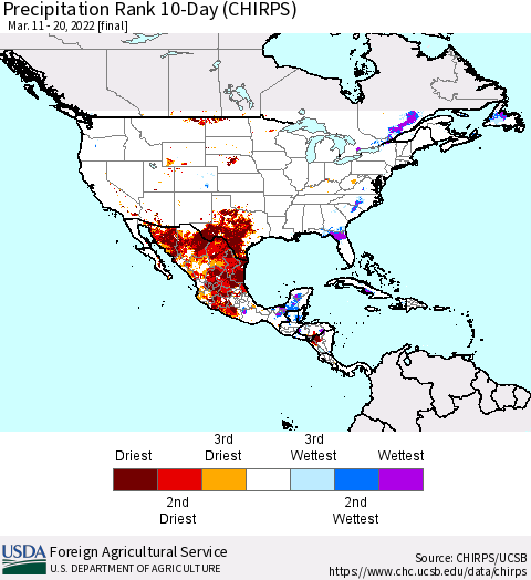 North America Precipitation Rank since 1981, 10-Day (CHIRPS) Thematic Map For 3/11/2022 - 3/20/2022