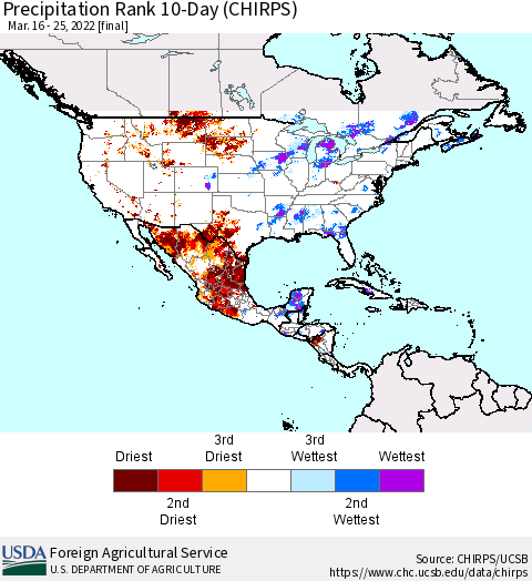 North America Precipitation Rank since 1981, 10-Day (CHIRPS) Thematic Map For 3/16/2022 - 3/25/2022
