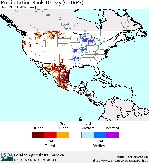 North America Precipitation Rank since 1981, 10-Day (CHIRPS) Thematic Map For 3/21/2022 - 3/31/2022