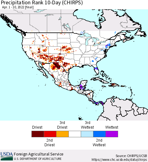 North America Precipitation Rank since 1981, 10-Day (CHIRPS) Thematic Map For 4/1/2022 - 4/10/2022