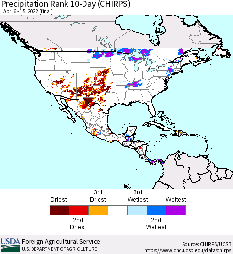 North America Precipitation Rank since 1981, 10-Day (CHIRPS) Thematic Map For 4/6/2022 - 4/15/2022