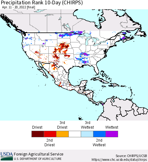 North America Precipitation Rank since 1981, 10-Day (CHIRPS) Thematic Map For 4/11/2022 - 4/20/2022