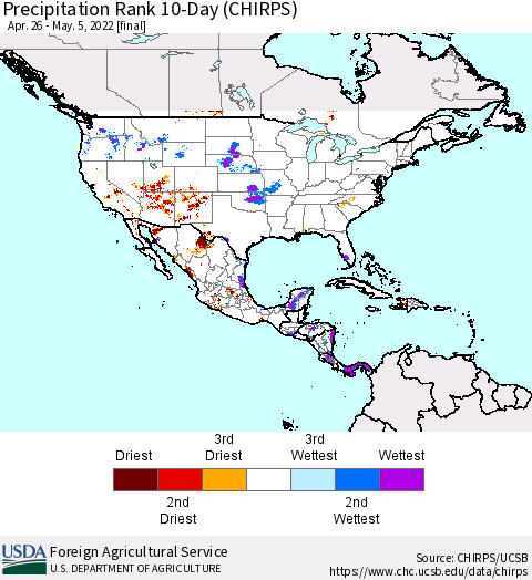 North America Precipitation Rank since 1981, 10-Day (CHIRPS) Thematic Map For 4/26/2022 - 5/5/2022