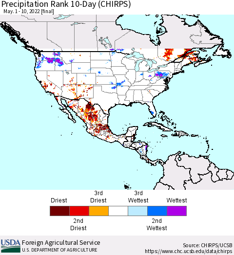 North America Precipitation Rank since 1981, 10-Day (CHIRPS) Thematic Map For 5/1/2022 - 5/10/2022