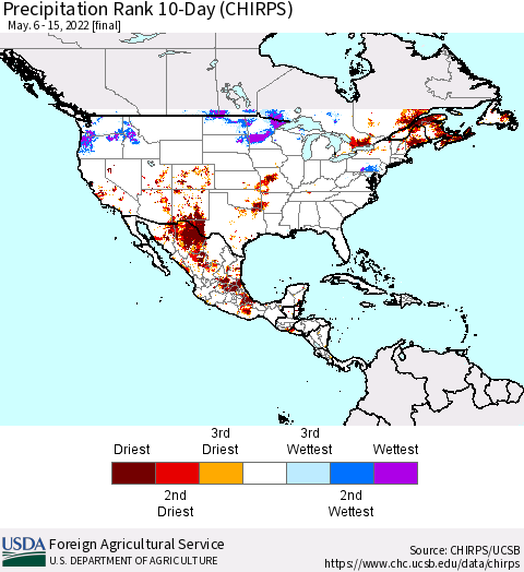 North America Precipitation Rank since 1981, 10-Day (CHIRPS) Thematic Map For 5/6/2022 - 5/15/2022