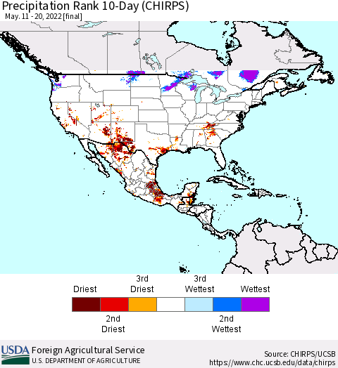North America Precipitation Rank since 1981, 10-Day (CHIRPS) Thematic Map For 5/11/2022 - 5/20/2022