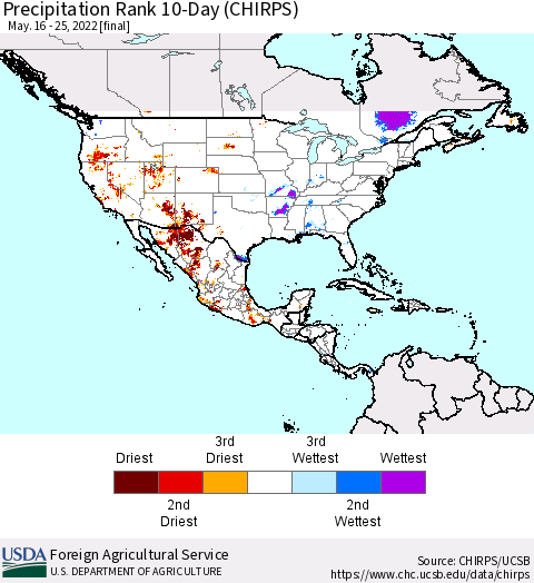 North America Precipitation Rank since 1981, 10-Day (CHIRPS) Thematic Map For 5/16/2022 - 5/25/2022