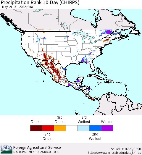 North America Precipitation Rank since 1981, 10-Day (CHIRPS) Thematic Map For 5/21/2022 - 5/31/2022
