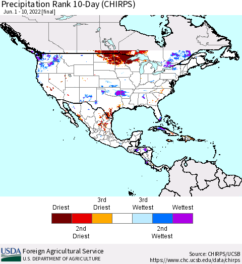 North America Precipitation Rank since 1981, 10-Day (CHIRPS) Thematic Map For 6/1/2022 - 6/10/2022