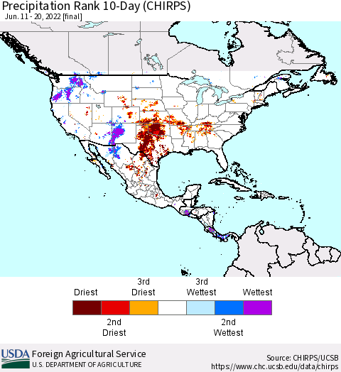 North America Precipitation Rank since 1981, 10-Day (CHIRPS) Thematic Map For 6/11/2022 - 6/20/2022