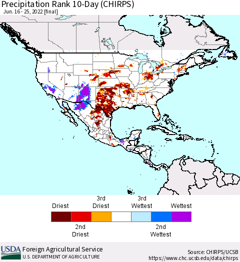 North America Precipitation Rank since 1981, 10-Day (CHIRPS) Thematic Map For 6/16/2022 - 6/25/2022