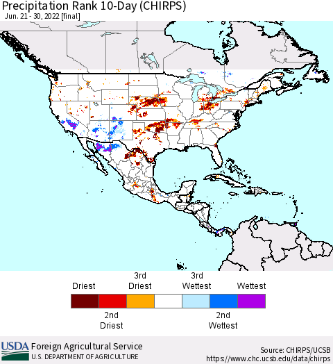 North America Precipitation Rank since 1981, 10-Day (CHIRPS) Thematic Map For 6/21/2022 - 6/30/2022