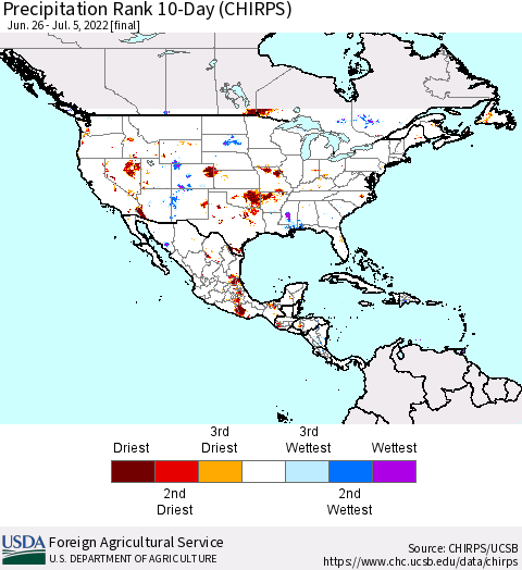 North America Precipitation Rank since 1981, 10-Day (CHIRPS) Thematic Map For 6/26/2022 - 7/5/2022