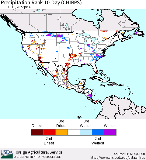 North America Precipitation Rank since 1981, 10-Day (CHIRPS) Thematic Map For 7/1/2022 - 7/10/2022