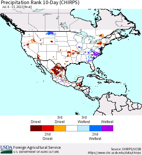 North America Precipitation Rank since 1981, 10-Day (CHIRPS) Thematic Map For 7/6/2022 - 7/15/2022