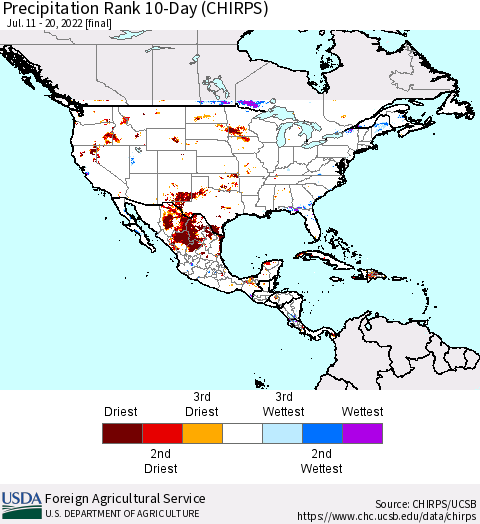 North America Precipitation Rank since 1981, 10-Day (CHIRPS) Thematic Map For 7/11/2022 - 7/20/2022