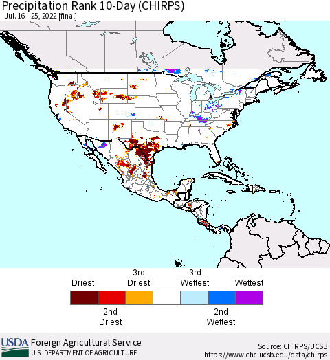 North America Precipitation Rank since 1981, 10-Day (CHIRPS) Thematic Map For 7/16/2022 - 7/25/2022