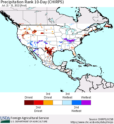 North America Precipitation Rank since 1981, 10-Day (CHIRPS) Thematic Map For 7/21/2022 - 7/31/2022