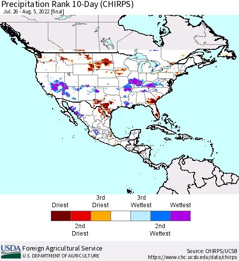 North America Precipitation Rank since 1981, 10-Day (CHIRPS) Thematic Map For 7/26/2022 - 8/5/2022