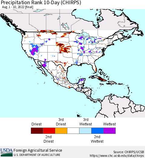 North America Precipitation Rank since 1981, 10-Day (CHIRPS) Thematic Map For 8/1/2022 - 8/10/2022