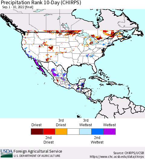 North America Precipitation Rank since 1981, 10-Day (CHIRPS) Thematic Map For 9/1/2022 - 9/10/2022