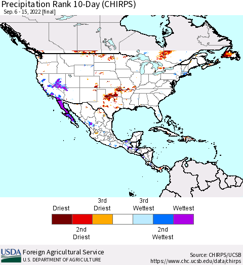 North America Precipitation Rank since 1981, 10-Day (CHIRPS) Thematic Map For 9/6/2022 - 9/15/2022