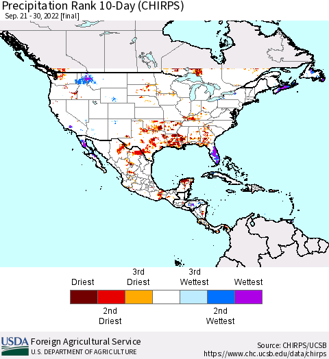 North America Precipitation Rank since 1981, 10-Day (CHIRPS) Thematic Map For 9/21/2022 - 9/30/2022