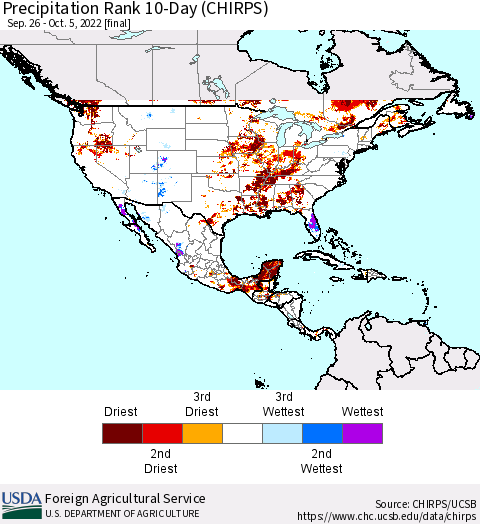 North America Precipitation Rank since 1981, 10-Day (CHIRPS) Thematic Map For 9/26/2022 - 10/5/2022