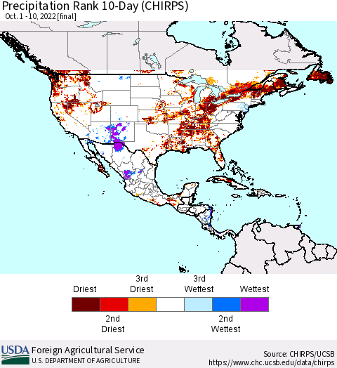 North America Precipitation Rank since 1981, 10-Day (CHIRPS) Thematic Map For 10/1/2022 - 10/10/2022
