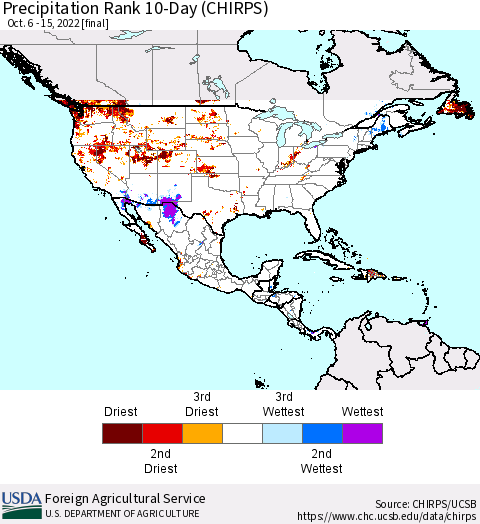North America Precipitation Rank since 1981, 10-Day (CHIRPS) Thematic Map For 10/6/2022 - 10/15/2022