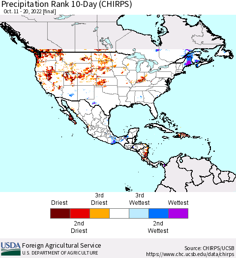 North America Precipitation Rank since 1981, 10-Day (CHIRPS) Thematic Map For 10/11/2022 - 10/20/2022