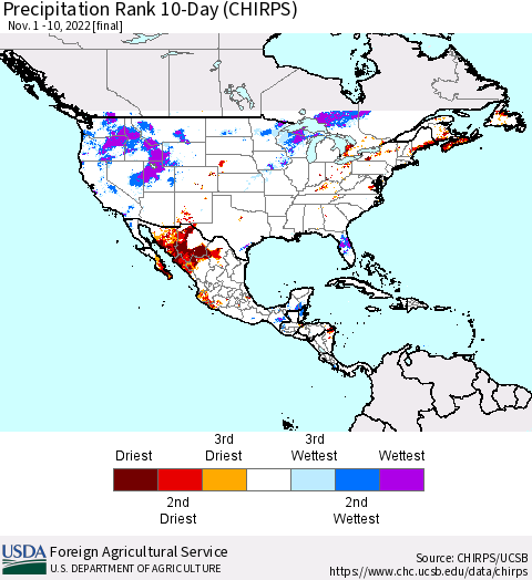 North America Precipitation Rank since 1981, 10-Day (CHIRPS) Thematic Map For 11/1/2022 - 11/10/2022